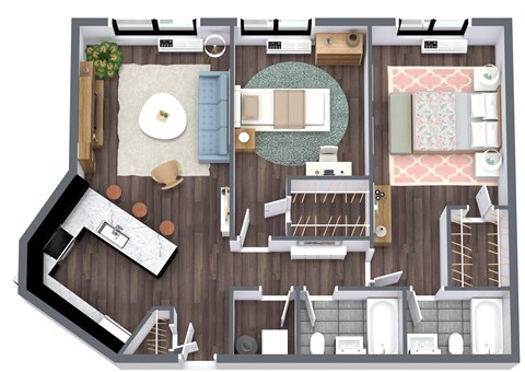 Floor plan for 2 beds, 2 baths, 915 sqft